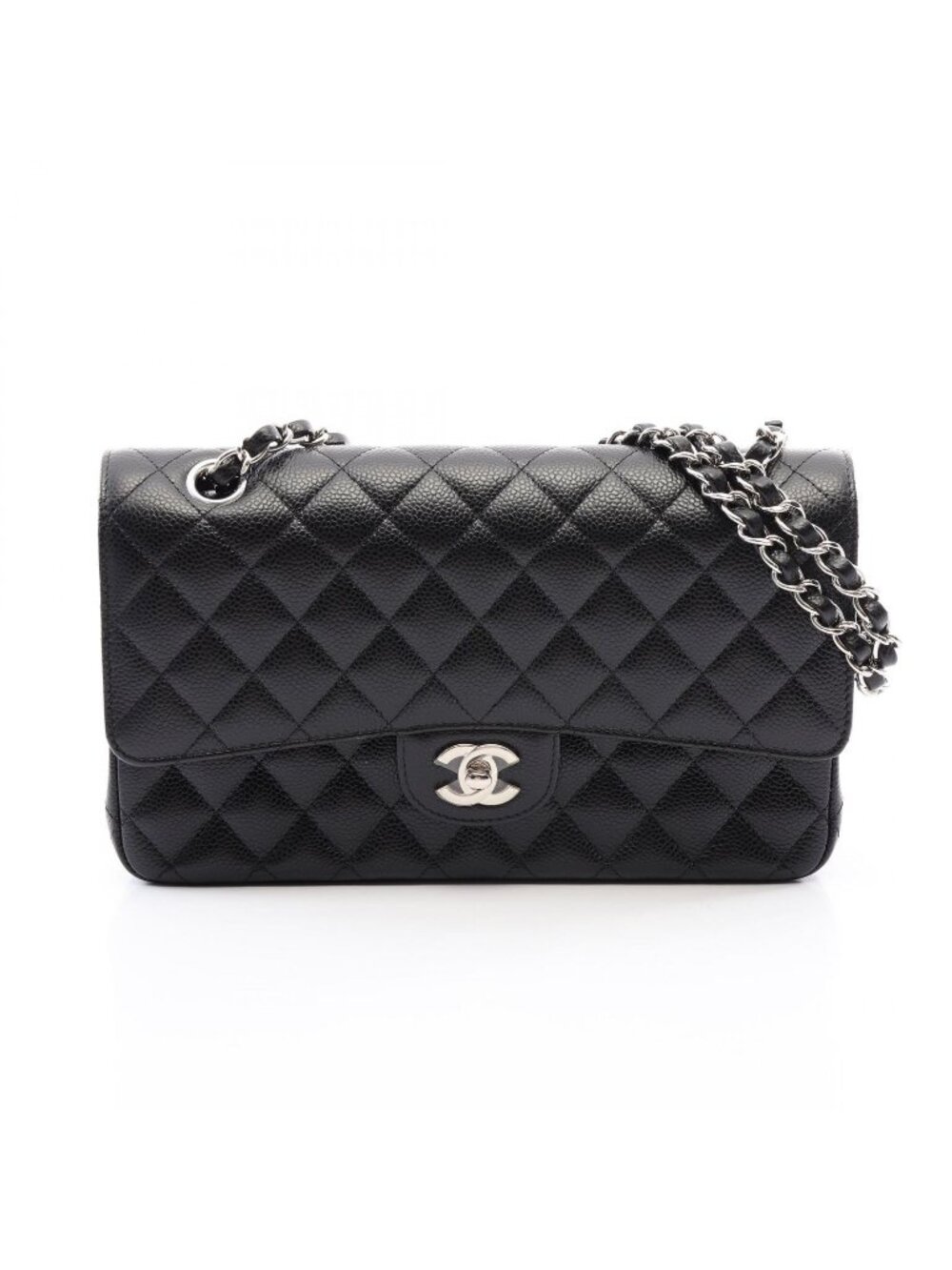 Chanel Shoulder Bag Quilted Double Flap Black Caviar Leather Chain